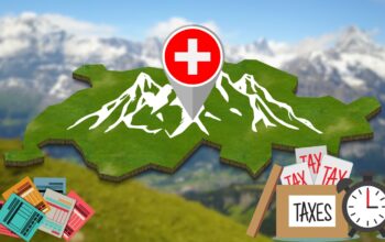 Graphic illustration of Switzerland's map with a location marker, surrounded by tax documents and a clock, emphasizing the Swiss tax system for foreign residents