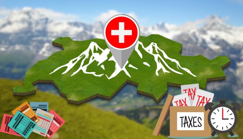 Graphic illustration of Switzerland's map with a location marker, surrounded by tax documents and a clock, emphasizing the Swiss tax system for foreign residents